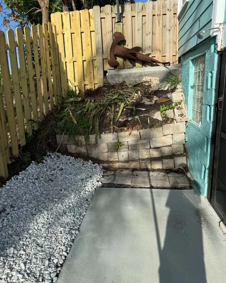 Side yard before: overgrown and crumbling